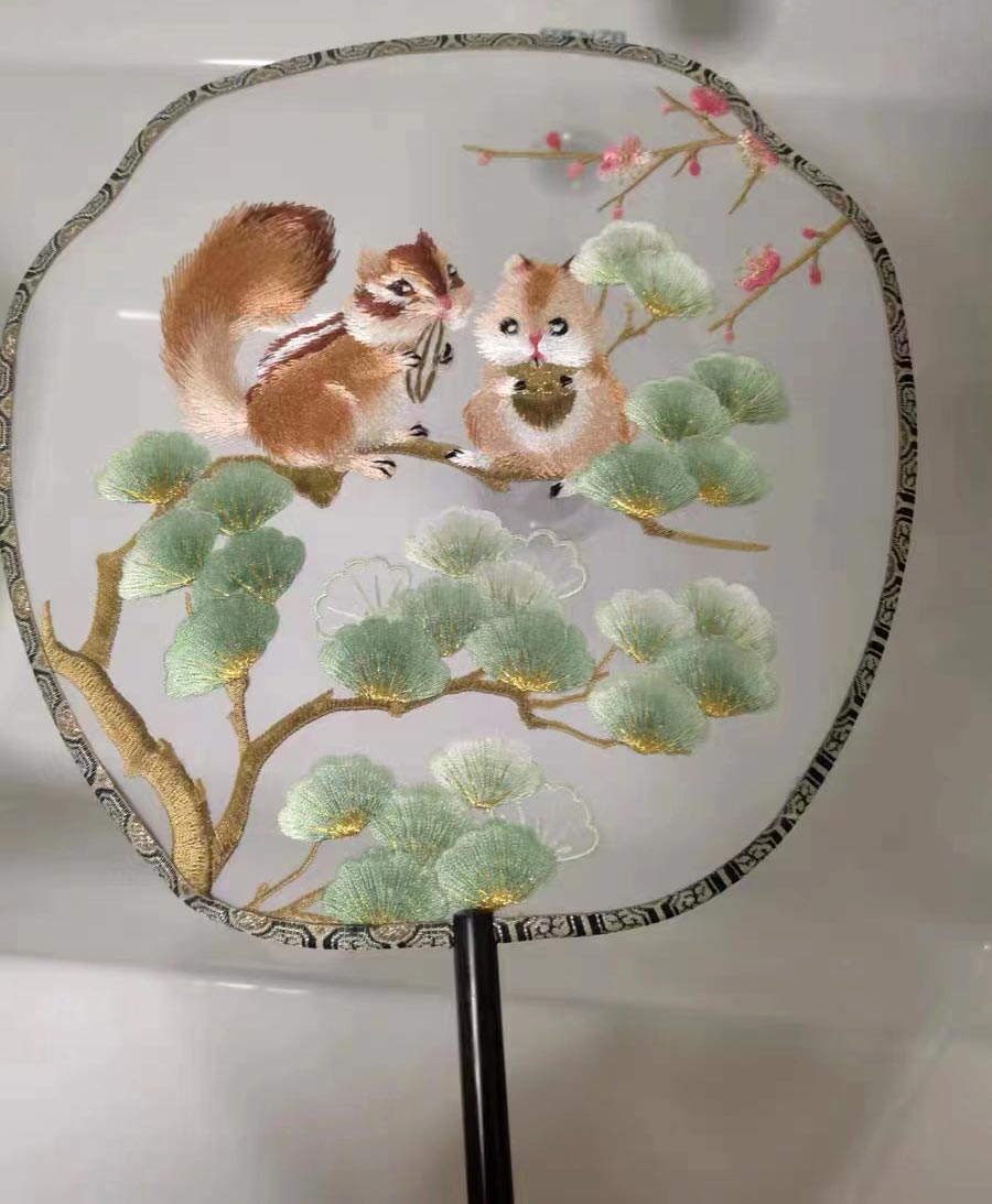 Ancient Chinese Landscape Painting - Grey Squirrels in Pine Tree Eating Pine Nuts Single Side Embroidered Handheld Decorative Fan Chinese Art-03
