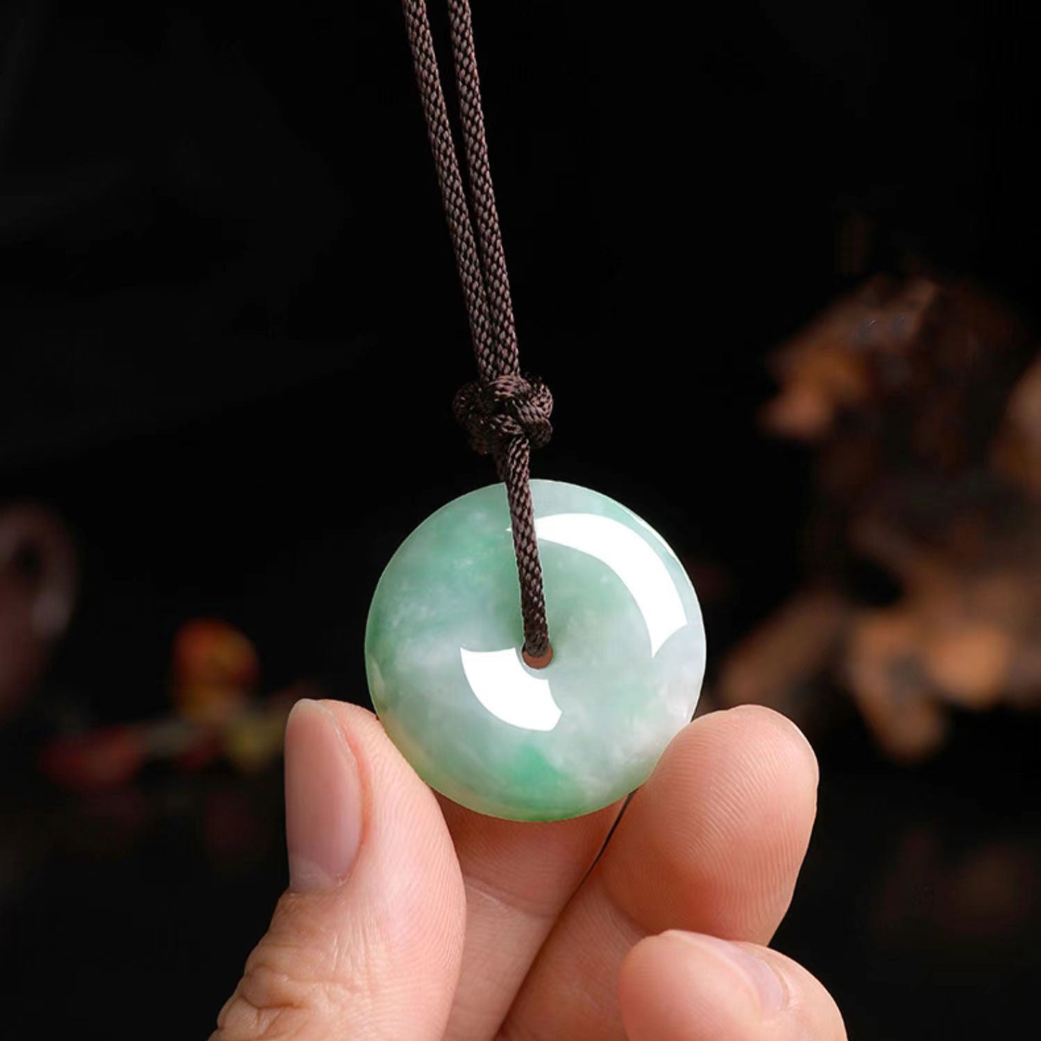Moss in Snow Natural Ice Jadeite Jade Chinese「Ping An Kou」Pendant Necklace for Women and Men-02