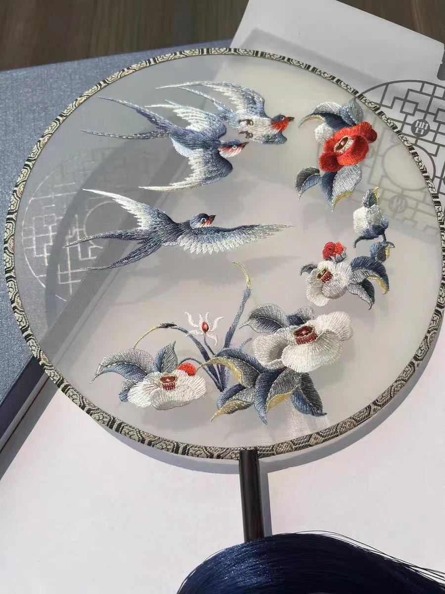 Ancient Chinese Landscape Painting - Spring Comes and Yan Returns Round Shaped Single Side Embroidered Beautiful Decorative Fan Chinese Gift-02