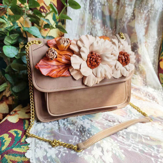 Handmade Vintage Flower Clusters Leather Messenger Bag for Women