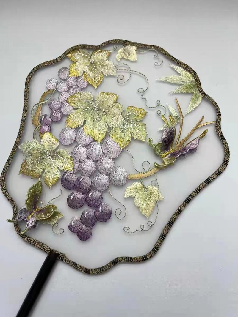 Grapes with Butterflies Flying Under the Vines Single Side Embroidered Handheld Fan Chinese Gift-02