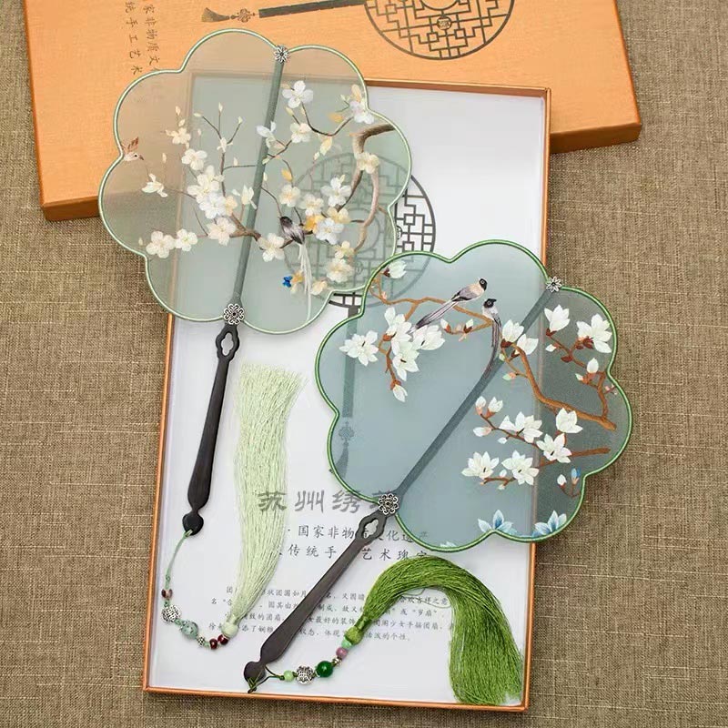 Handmade Double Side Embroidered Suzhou Embroidery Birds and Flowers Chinese Fan Chinese Art