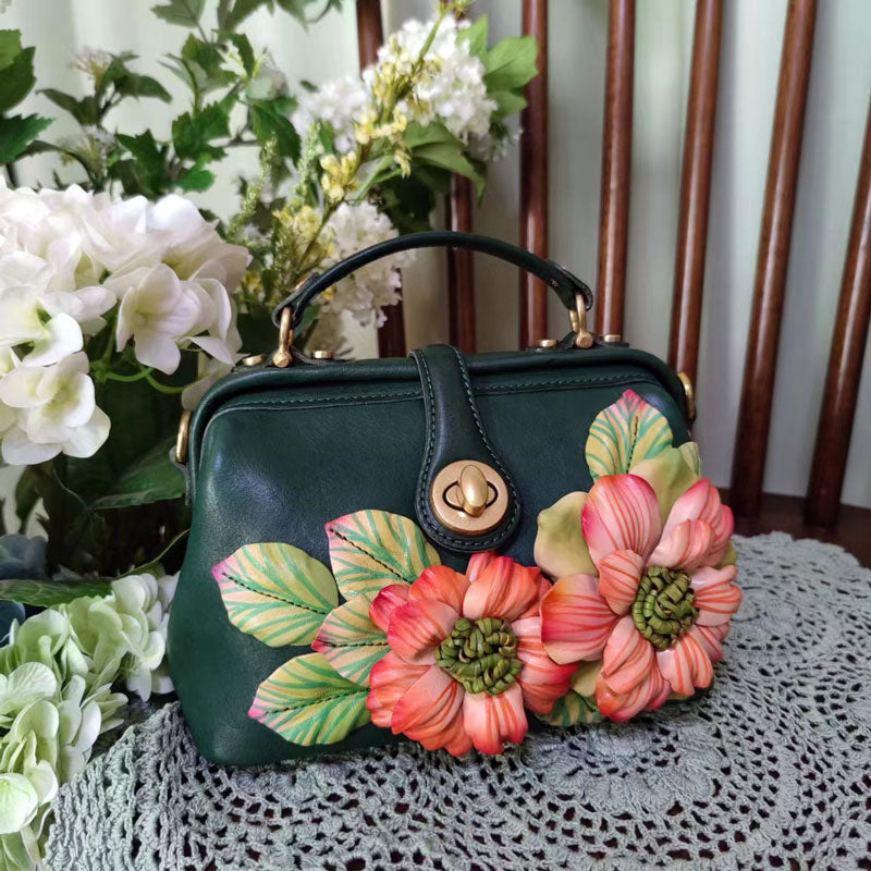 Casual Vintage Dark Green Leather Handbag with Handmade Flower Clusters
