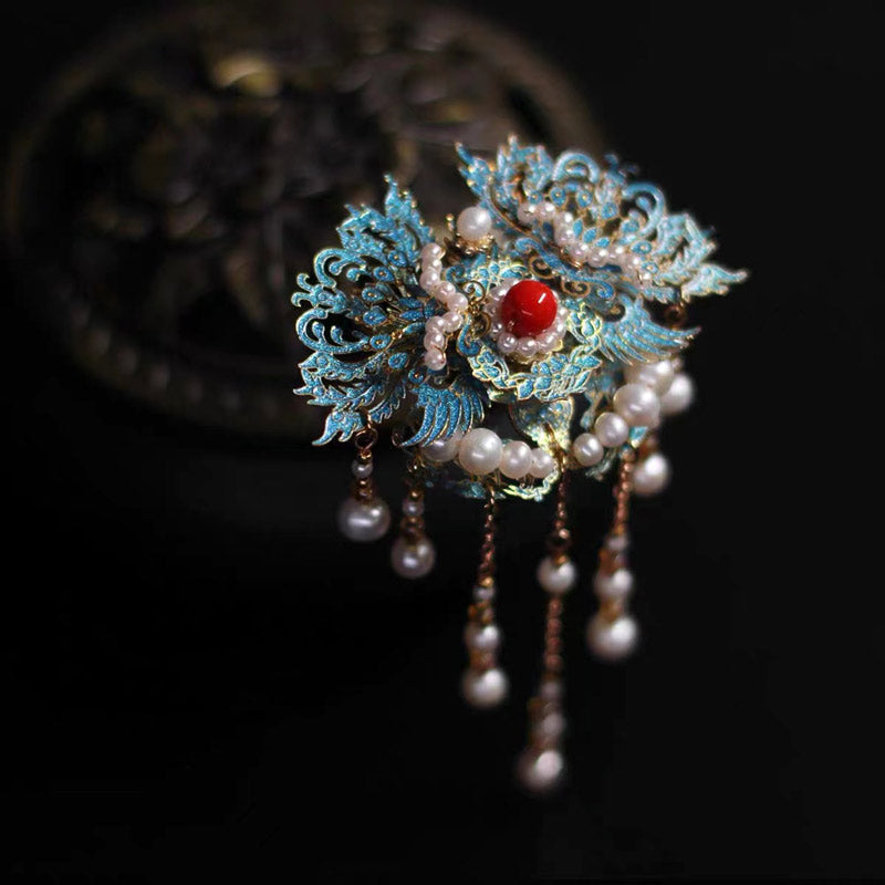 Retro Chinese Style Blue Cloisonne Pearl Tassel Hairpin Hanfu Accessory