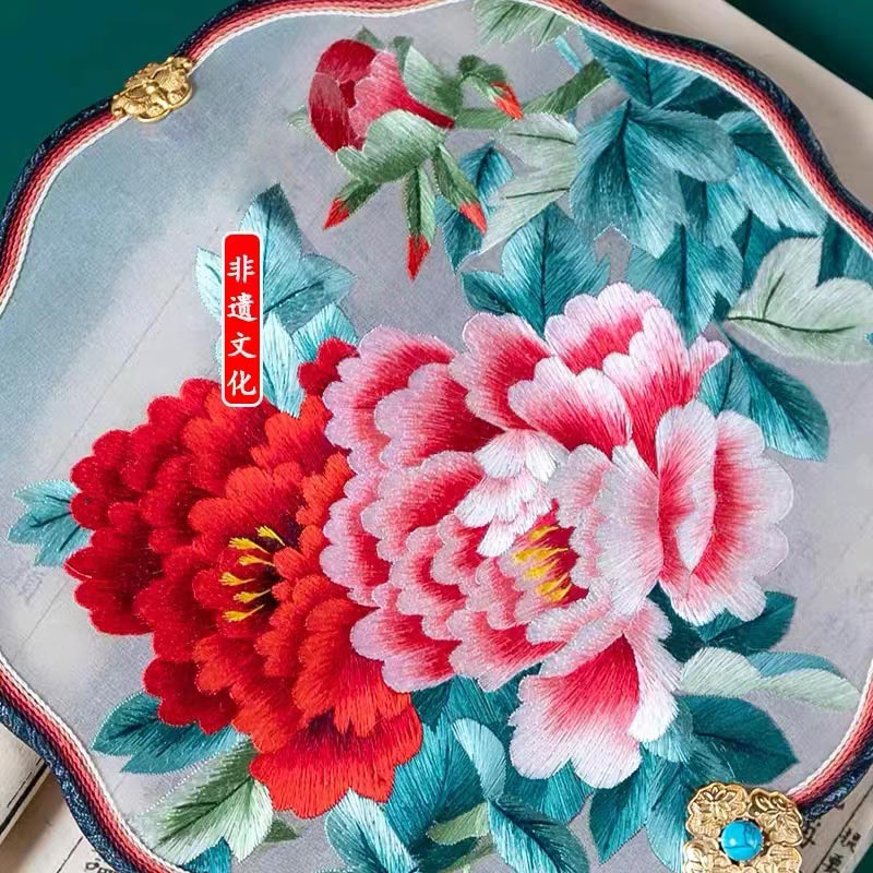 Handmade Double Side Embroidered Suzhou Embroidery Blooming Peony Flower Chinese Handheld Decorative Fan Chinese Art-02