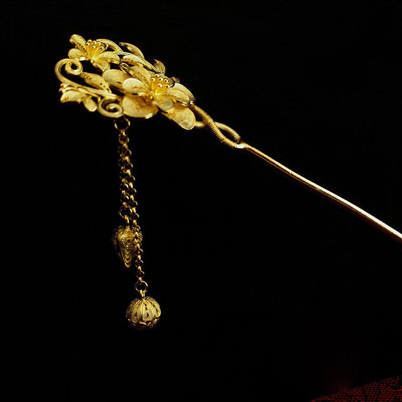 Fleurs en filigrane en argent sterling 999 de style chinois vintage fabriquées à la main sur la branche avec papillon, épingle à cheveux à pompon de boutons floraux