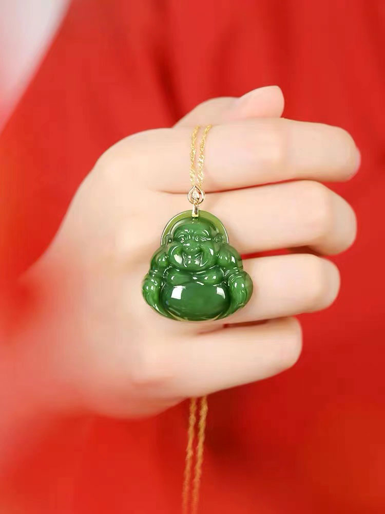 Emerald Green Natural Jadeite Jade Laughing Buddha「Happiness」Pendant Necklace for Men and Women-02