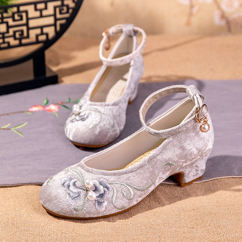Women's Ankle Strap Mid-Heel Pumps with Embroidery
