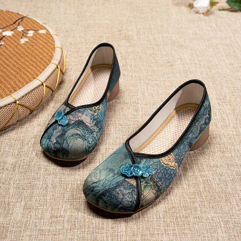 Mocassins à talons bas imprimés chinois rétro, chaussures décontractées pour femmes