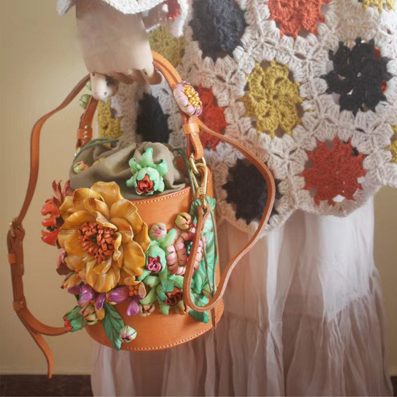 Vintage Three-Dimensional Flower Cluster Style Pure Handmade Cowhide Artistic Ladies Flowers  Handbag Bucket Bag