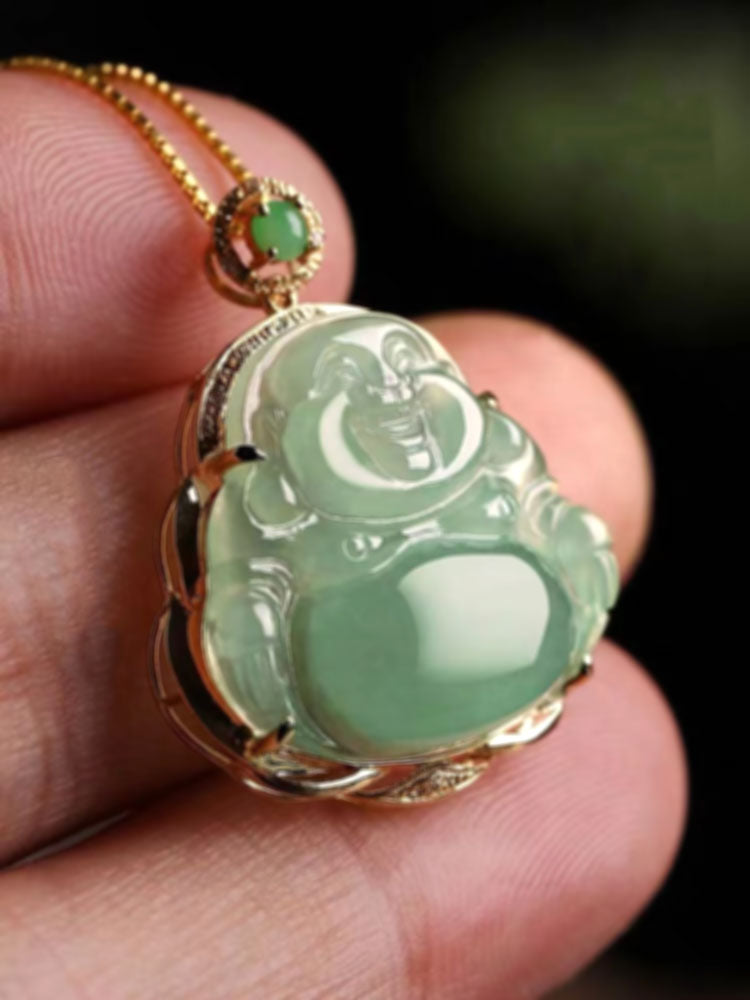 18K Gold Inlay Natural Ice Jadeite Jade Laughing Buddha「Happiness」Pendant Necklace for Men and Women-02
