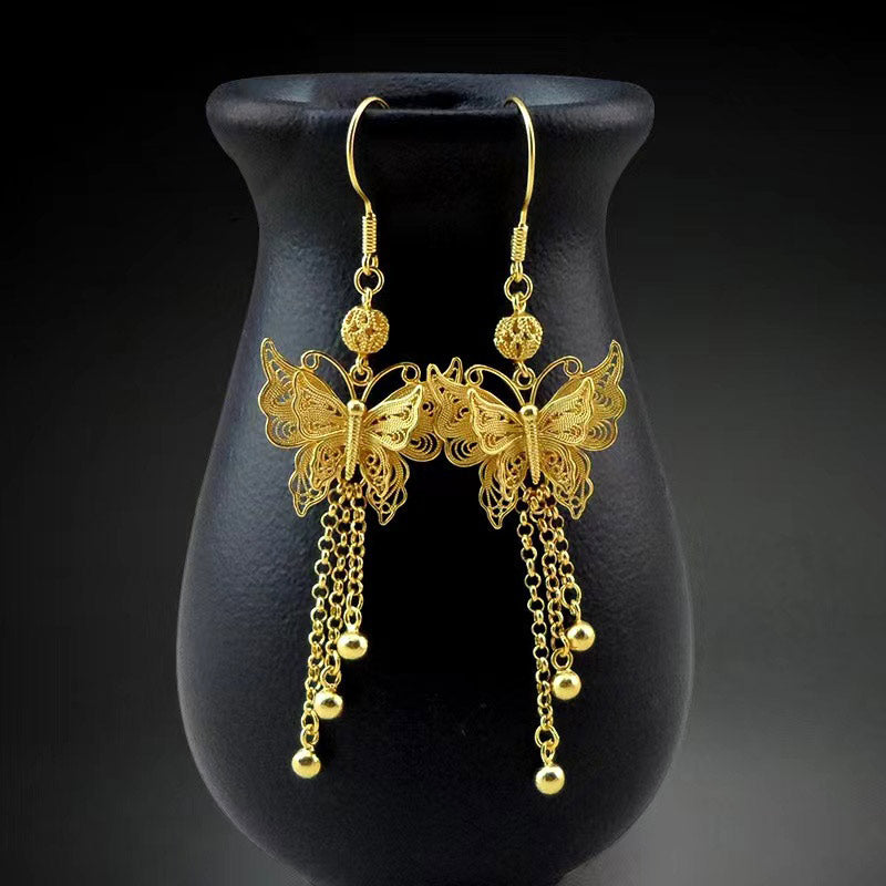 Handcrafted Vintage 999 Sterling Silver Double Butterfly Tassel Filigree Earrings-01