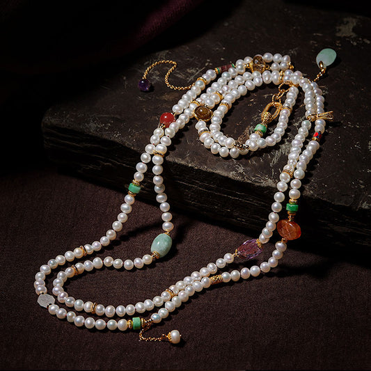 Exclusive Design Chinese Style Vintage Pearl Necklace with Fine Jade Tourmaline Gems-01