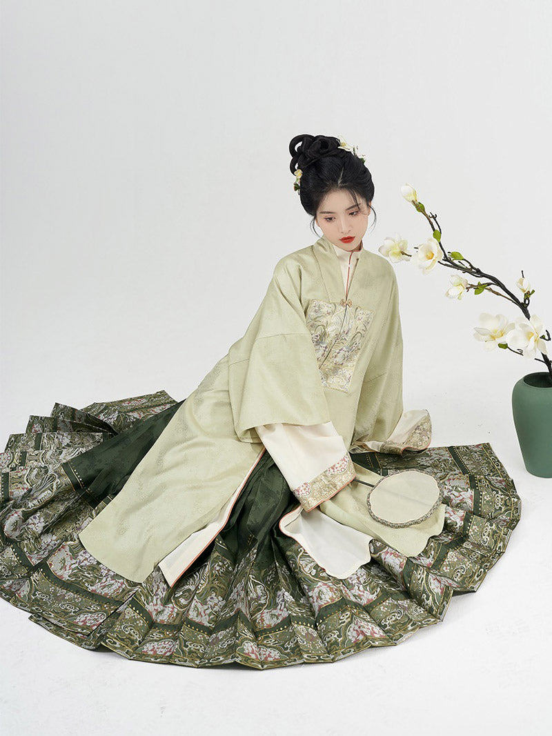 Traditional Ancient Chinese Style Phoenix and Peony Pattern Green Embroidery Mamianqun Hanfu Dress-04