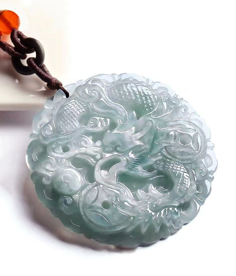 Hand Carved Round Natural Ice Jadeite Jade Chinese Dragon Pendant Necklace-02