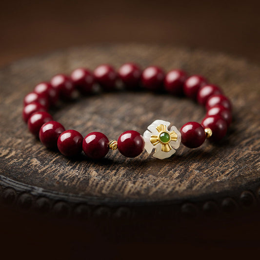Natural Cinnabar【Bring good luck and abundance】Beaded Bracelet with Jade Carved Four-Leaf Flower