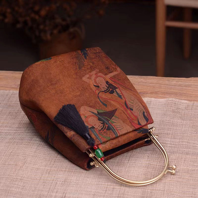 Vintage Chinese Style Retro Brown Feitian Flying Apsaras Silk Handbag with Tassel Charm-02