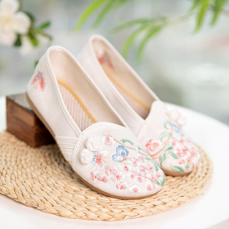 Delicate Butterfly and Pink Peach Blossom Embroidered Shoes