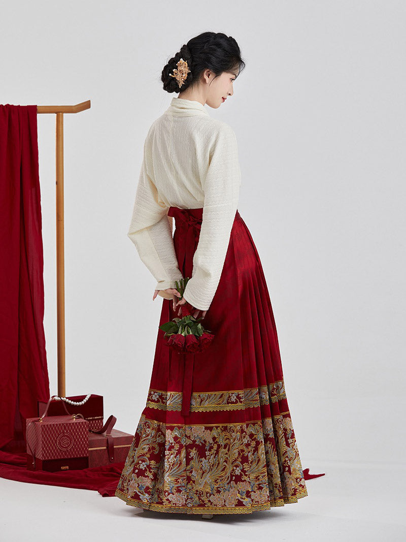 Vintage Chinese Style Phoenix and Peony Pattern Embroidery Mamianqun Hanfu Skirt-02