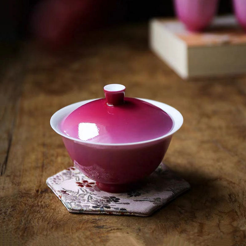 Chinese Jingdezhen Rose Carmine Gradient-effect Porcelain Tea Cup Set
