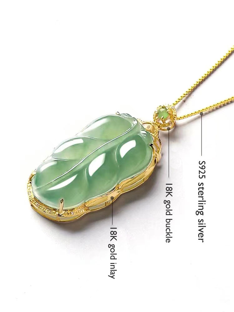 18K Gold Inlay Natural Ice Jadeite Jade Chinese「Jin Zhi Yu Ye」Golden Branch and Jade Leave Pendant Necklace-04