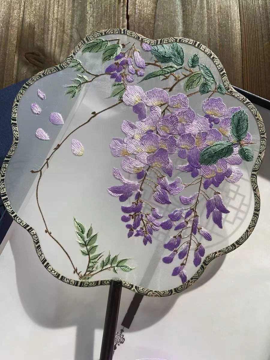 Bluedail Flower Shaped Single Side Beautiful Purple Wisteria Blossom Embroidered Handheld Decorative Fan Chinese Gift-02