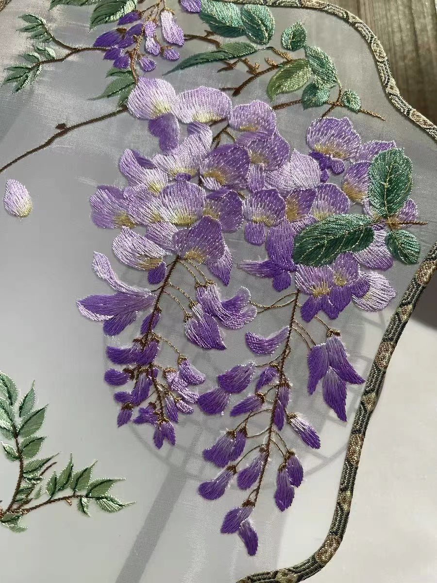 Nature Inspired Beautiful Purple Wisteria Blooming Single-Sided Embroidered Decorative Fan Chinese Gift-03