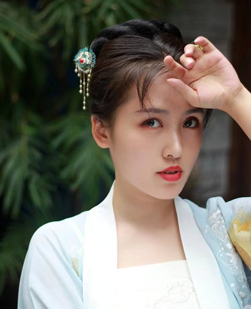 Épingle à cheveux à pampilles en perles cloisonnées bleues de Style chinois rétro, accessoire Hanfu