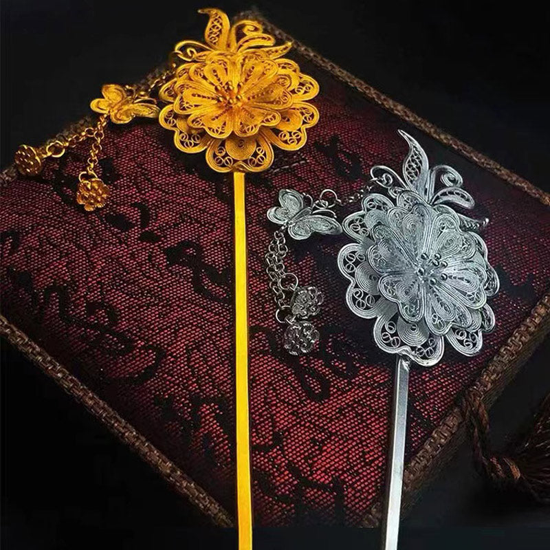 Épingle à cheveux en filigrane à double fleur en argent sterling 999 de style chinois vintage fabriquée à la main avec pompon papillon et bourgeons
