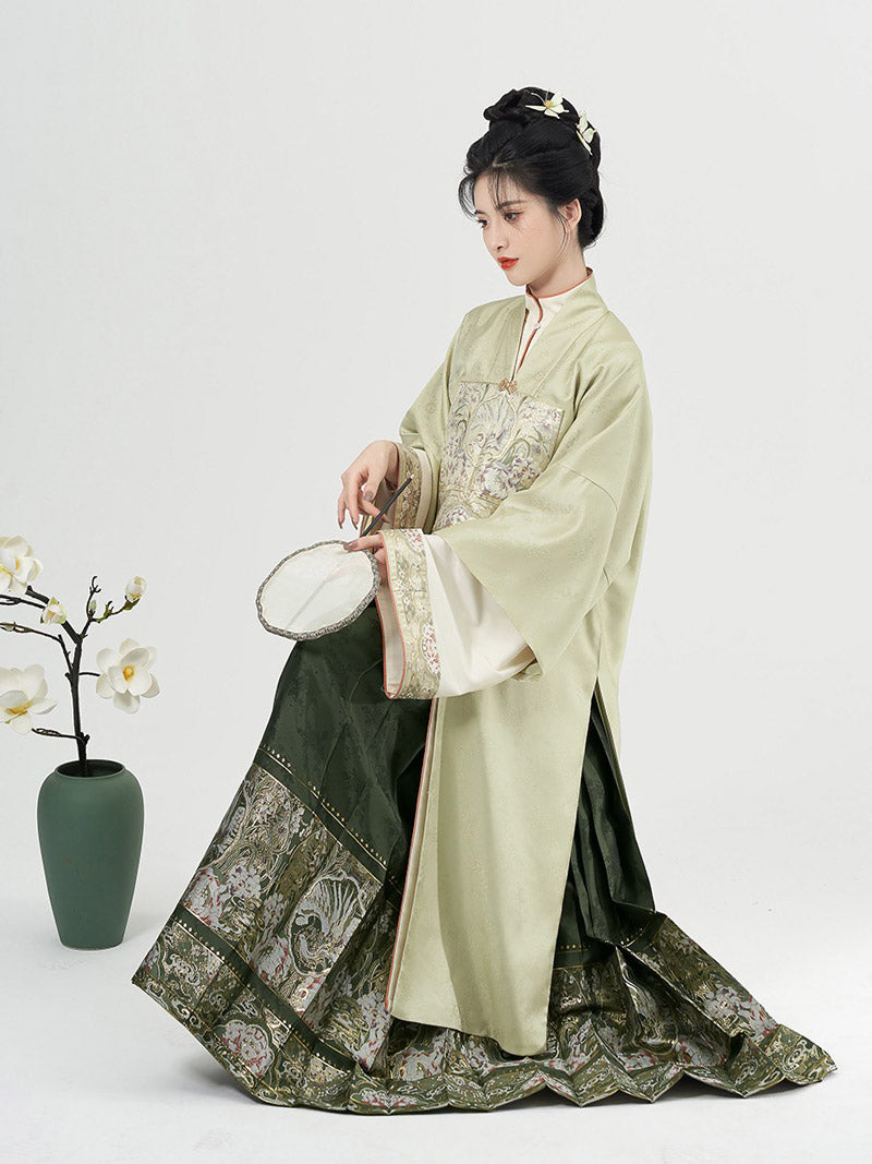Traditional Ancient Chinese Style Phoenix and Peony Pattern Green Embroidery Mamianqun Hanfu Dress-02
