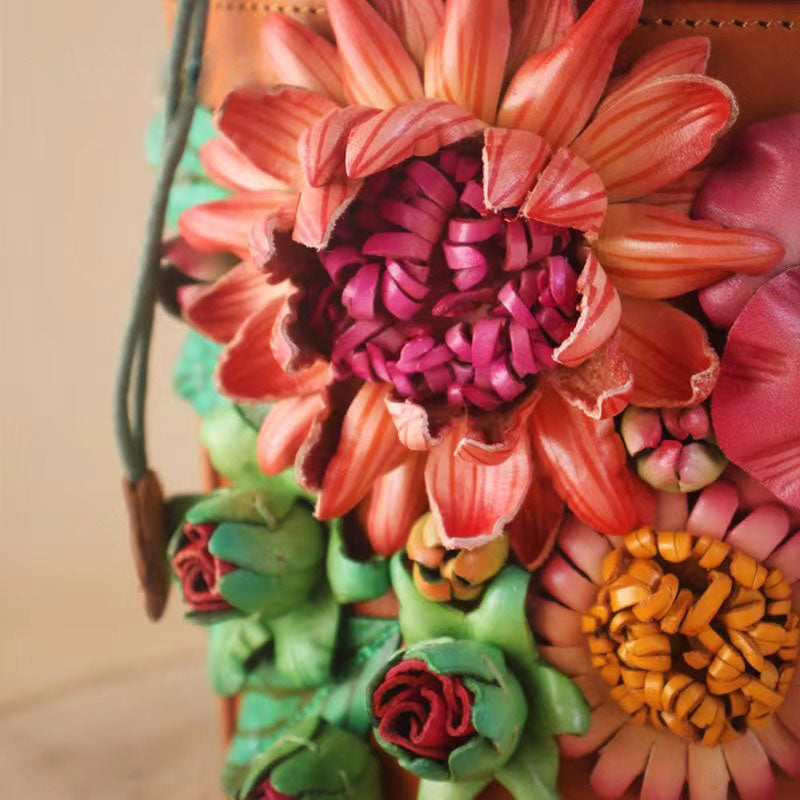 Sac à main en cuir fait à la main avec grappes de fleurs tridimensionnelles vintage, sac seau pour femmes