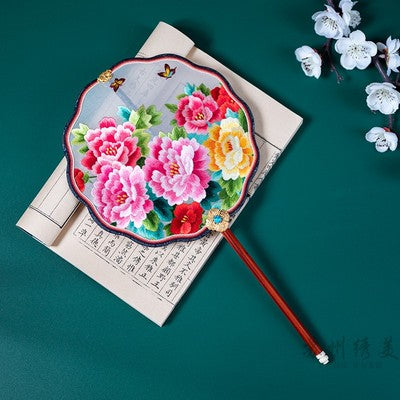 Handmade Double Side Embroidered Suzhou Embroidery Blooming Peony Flower Chinese Handheld Decorative Fan Chinese Art-03