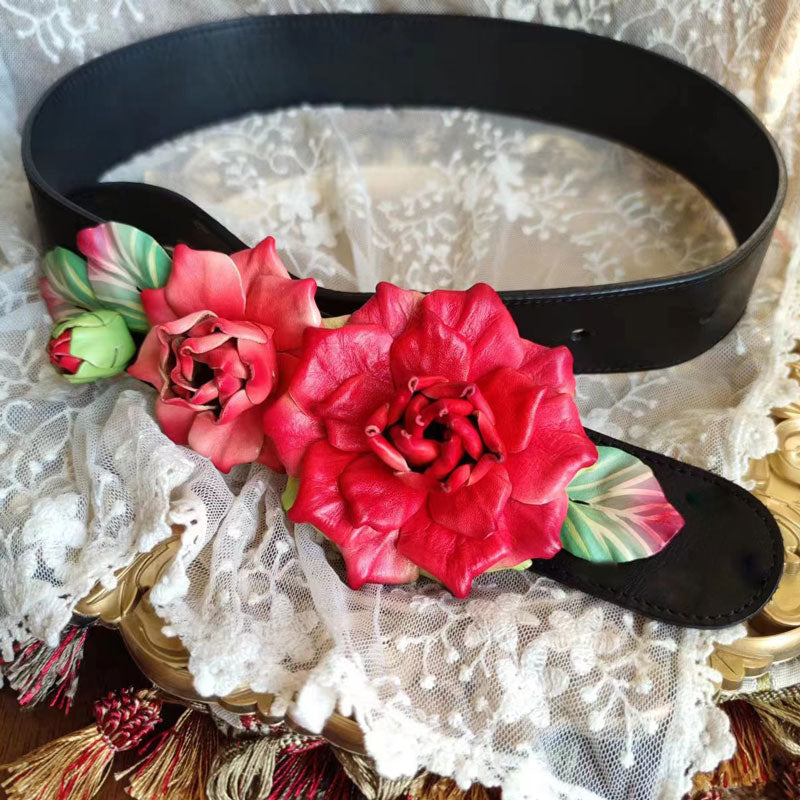 Handmade Vintage Red Rose Flowers Women's Leather Belt