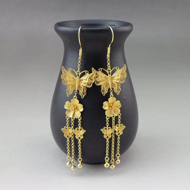 Handcrafted Vintage 999 Sterling Silver Double Butterfly Tassel Filigree Earrings-02