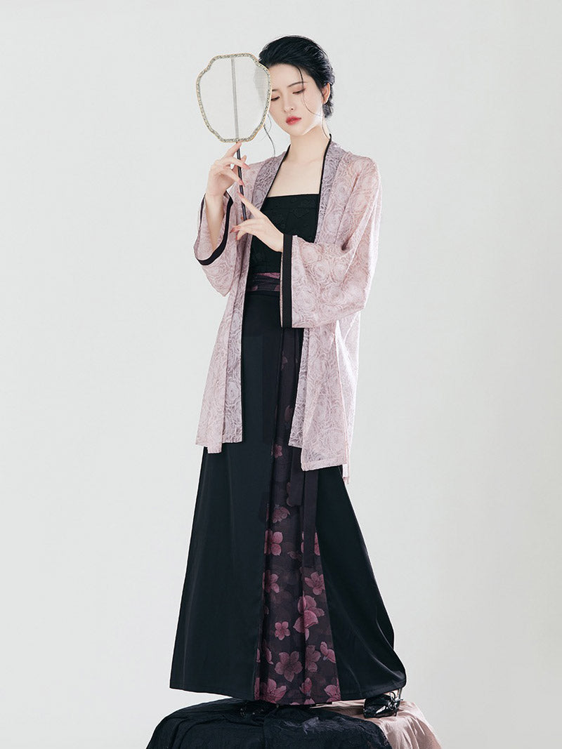 Song Style Pink and Black Morden Chinese Hanfu Set Peach Blossom Floral Print Skirt Set-02