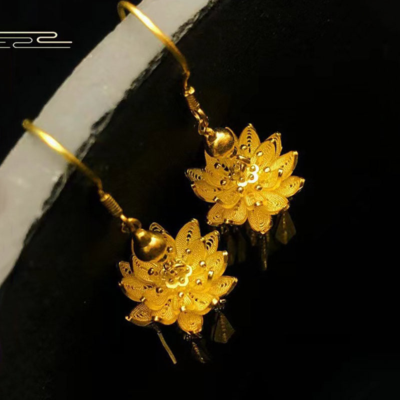 Boucles d'oreilles en filigrane de fleur de lotus vintage pour femmes en argent sterling 999 fabriquées à la main