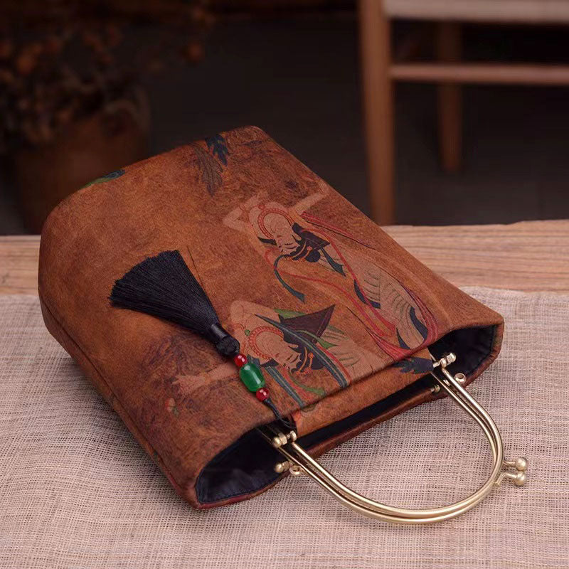 Vintage Chinese Style Retro Brown Feitian Flying Apsaras Silk Handbag with Tassel Charm-06