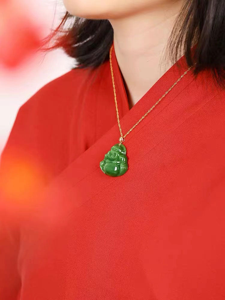 Emerald Green Natural Jadeite Jade Laughing Buddha「Happiness」Pendant Necklace for Men and Women-03