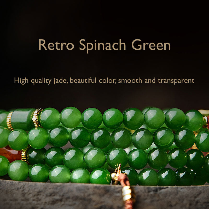 Vintage Chinese Style Spinach Green Natural Jade Beaded Necklace with Multi-Gemstone-02