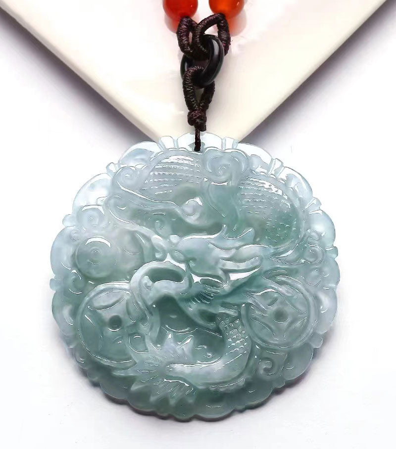 Hand Carved Round Natural Ice Jadeite Jade Chinese Dragon Pendant Necklace-05