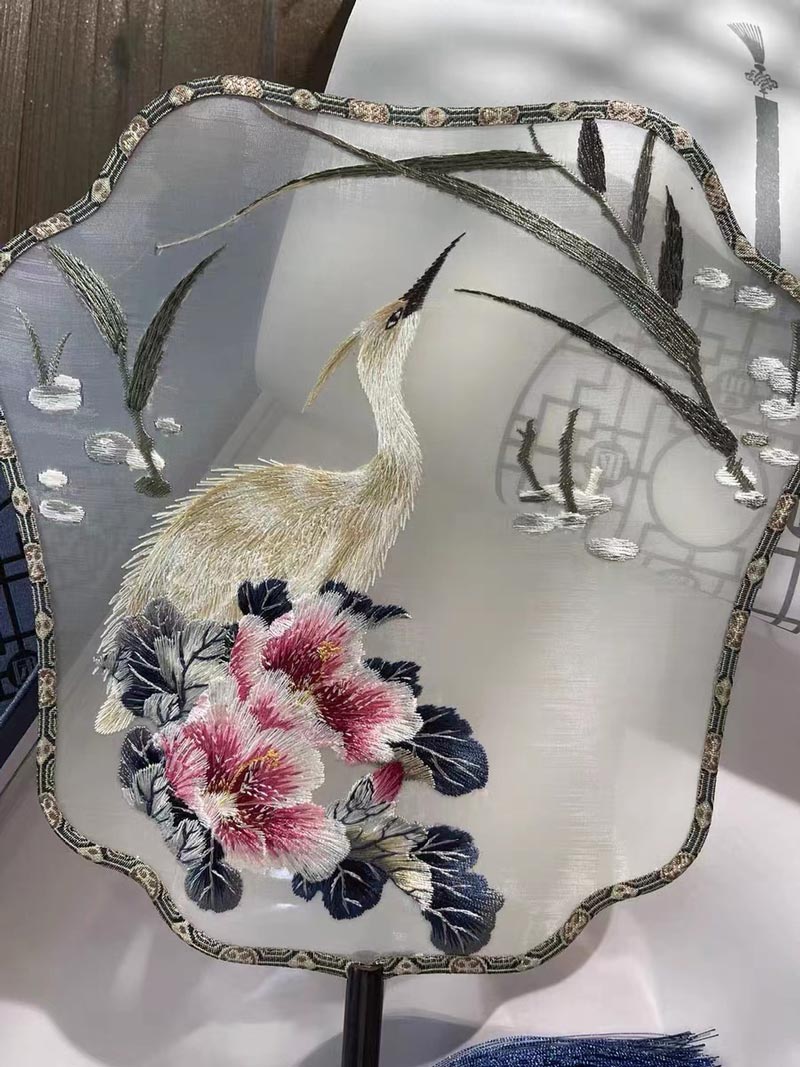 Heron Singing Among The Blooming Peonies - Traditional Chinese Fashion Single Side Embroidered Decorative Fan-03