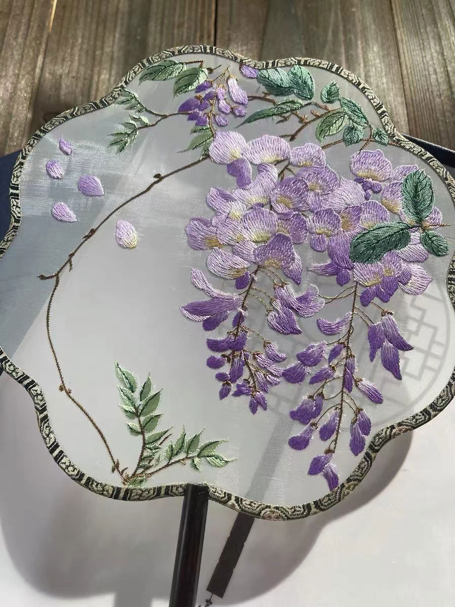 Bluedail Flower Shaped Single Side Beautiful Purple Wisteria Blossom Embroidered Handheld Decorative Fan Chinese Gift-03