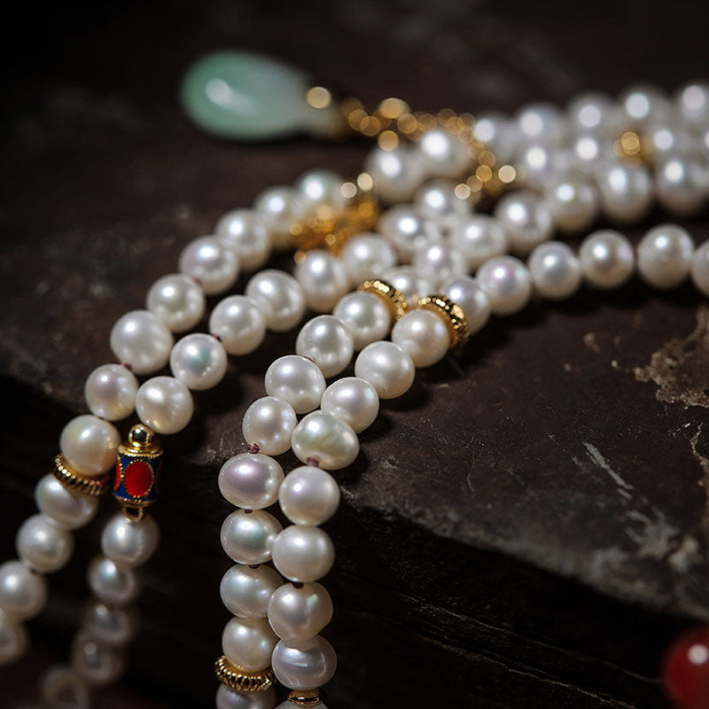 Exclusive Design Chinese Style Vintage Pearl Necklace with Fine Jade Tourmaline Gems-05