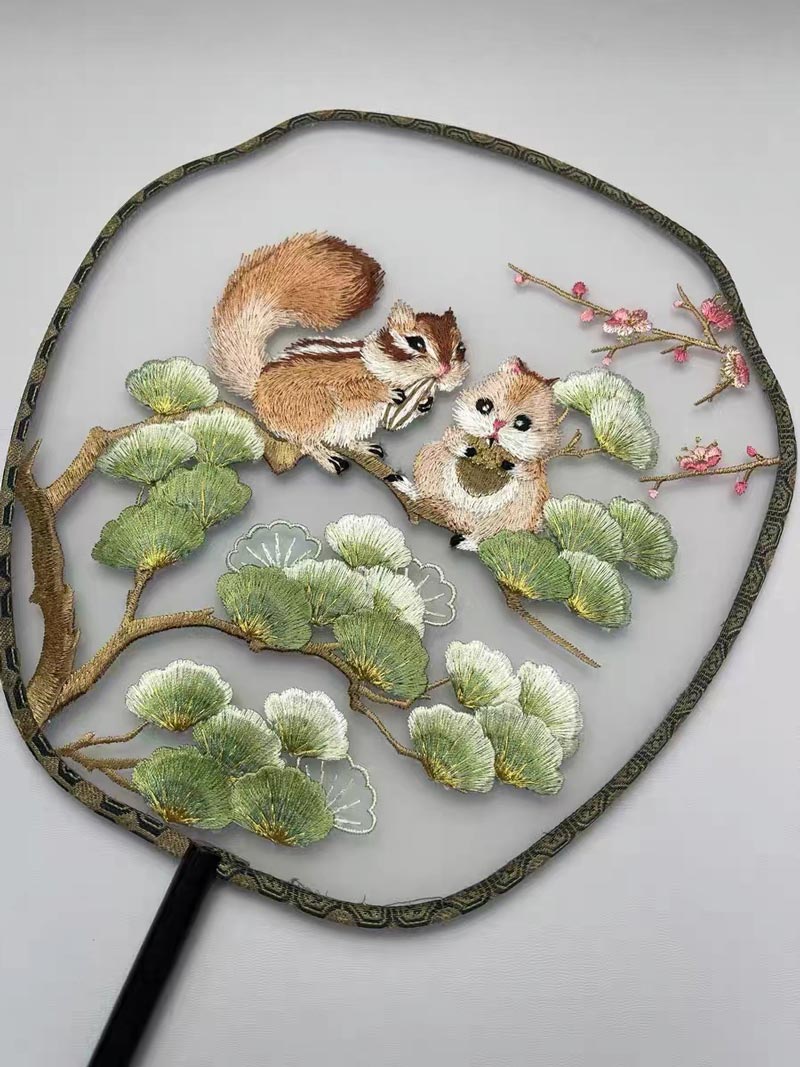 Ancient Chinese Landscape Painting - Grey Squirrels in Pine Tree Eating Pine Nuts Single Side Embroidered Handheld Decorative Fan Chinese Art-05