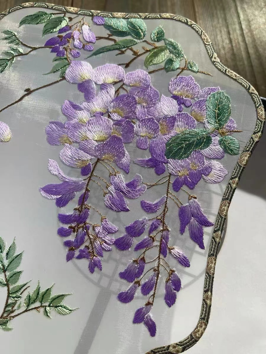 Nature Inspired Beautiful Purple Wisteria Blooming Single-Sided Embroidered Decorative Fan Chinese Gift-04