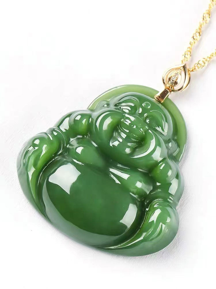 Emerald Green Natural Jadeite Jade Laughing Buddha「Happiness」Pendant Necklace for Men and Women-04