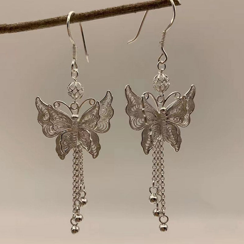 Handcrafted Vintage 999 Sterling Silver Double Butterfly Tassel Filigree Earrings-04