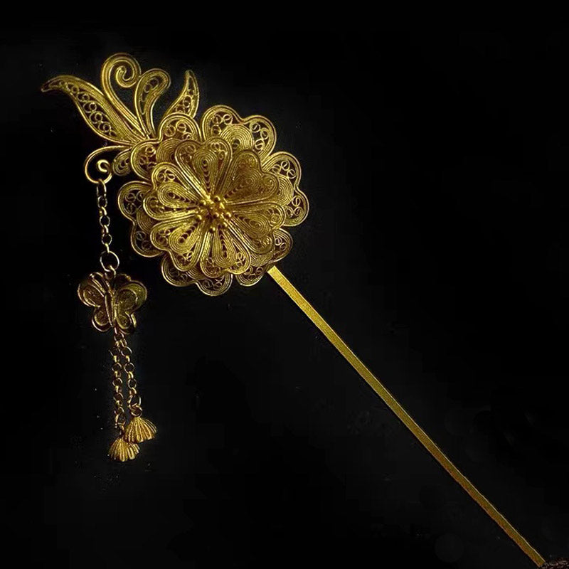 Handcrafted Vintage Chinese Style 999 Sterling Silver Double Flower Filigree Hairpin with Butterfly and Buds Tassel