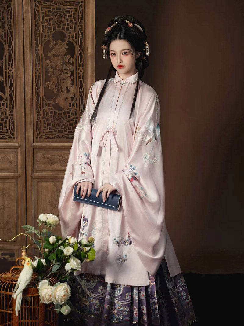 Pink Flowers and Birds Embroidered Hanfu Clothing Horse Face Skirt Daily Wear-04