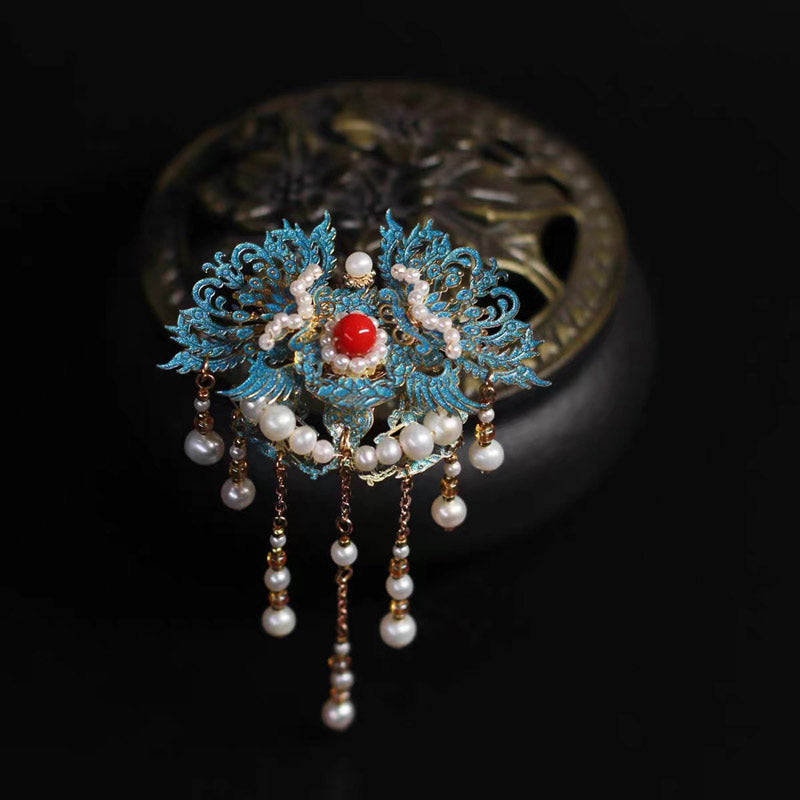 Retro Chinese Style Blue Cloisonne Pearl Tassel Hairpin Hanfu Accessory